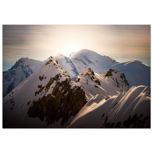Tableau photo Photo d'un coucher de soleil sur l'Aiguille Crochue et le Mont - Blanc — tirage aluminium Dibond mat, fabrication française, prêt à accrocher