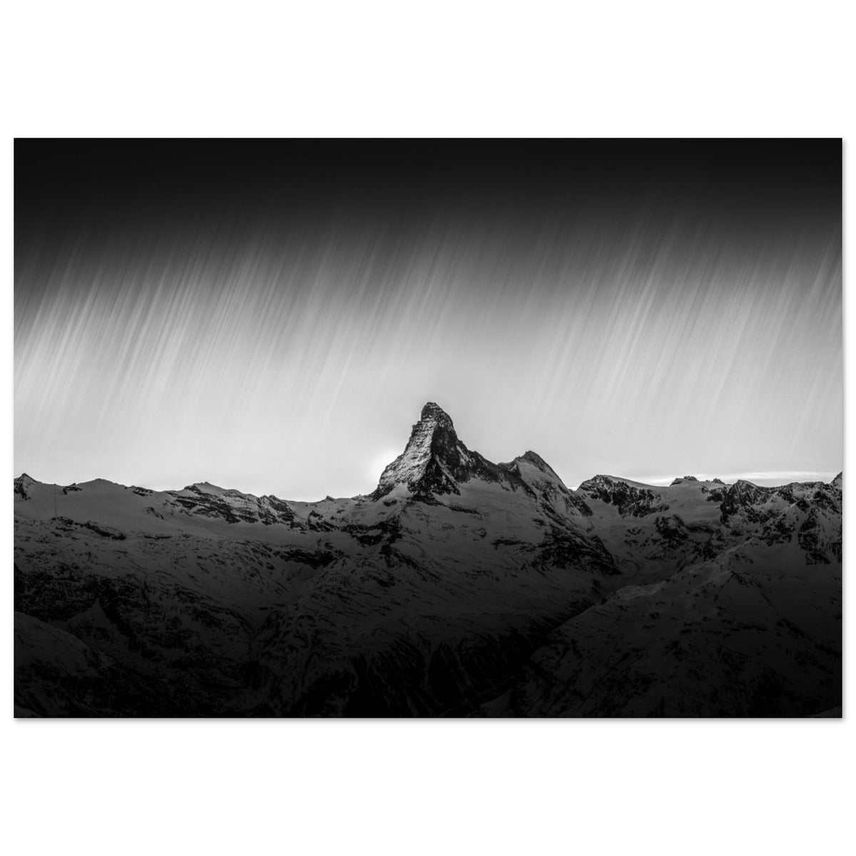 Tableau photo d'un coucher de soleil sur le Cervin, Alpes suisses - Noir & Blanc sur aluminium Dibond mat, format 70 × 100 cm