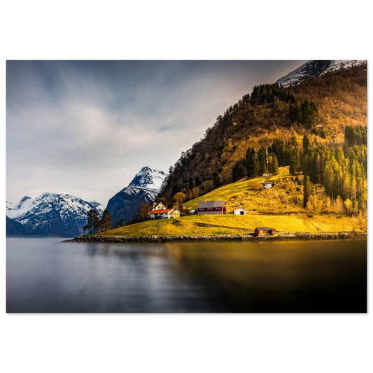 Tableau photo Photo d'un coucher de soleil dans un fjiord en Norvège — tirage aluminium Dibond mat, fabrication française, prêt à accrocher