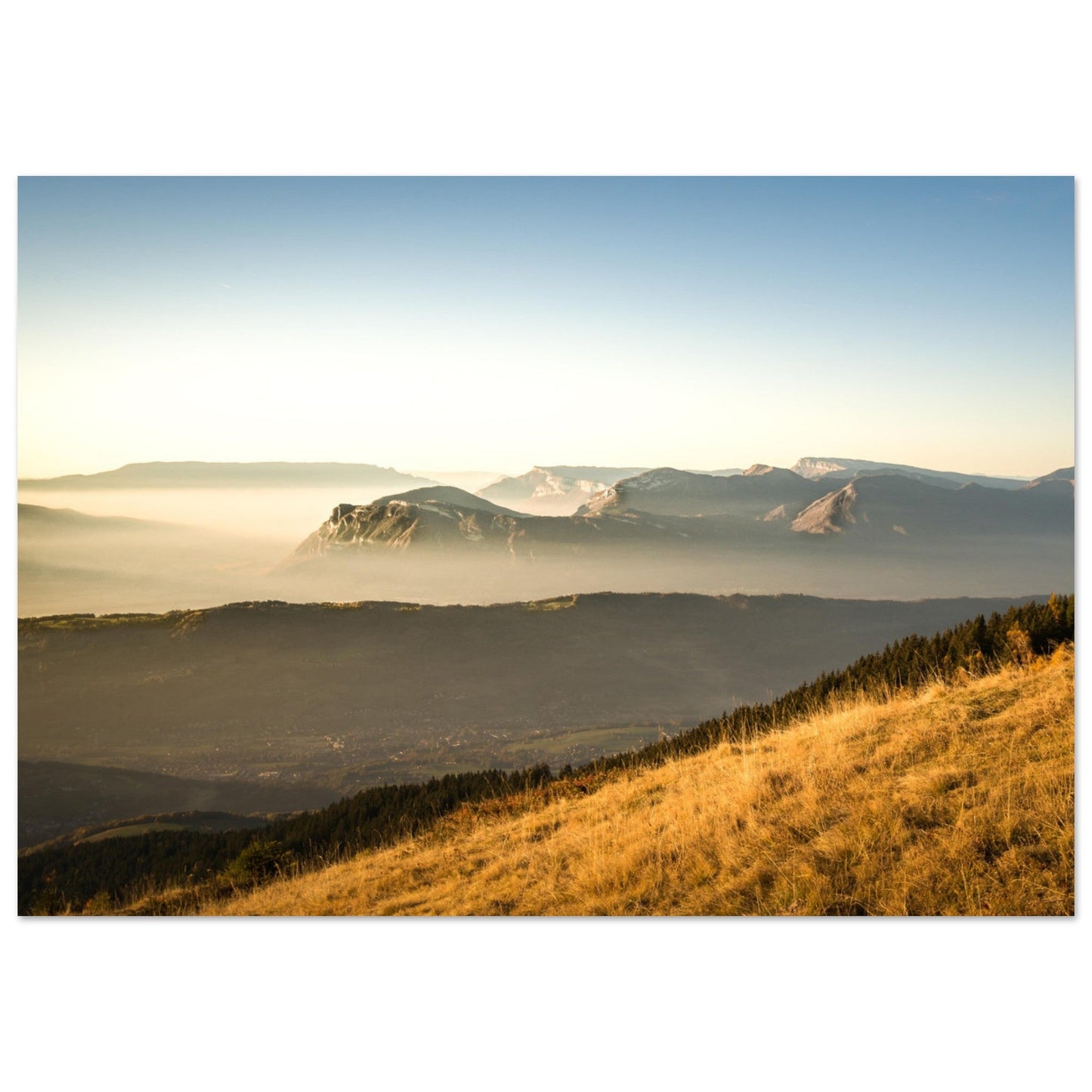 Tableau photo Photo d'un coucher de soleil sur le massif des Bauges, Savoie — tirage aluminium Dibond mat, fabrication française, prêt à accrocher