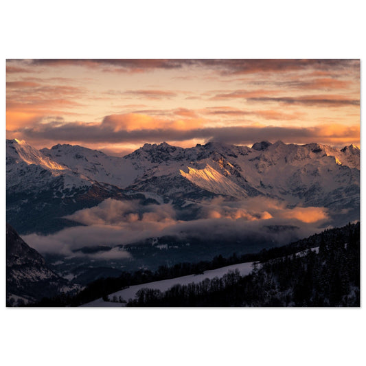 Tableau photo Photo d'un coucher de soleil sur les sommets du Massif de Belledonnes — tirage aluminium Dibond mat, fabrication française, prêt à accrocher