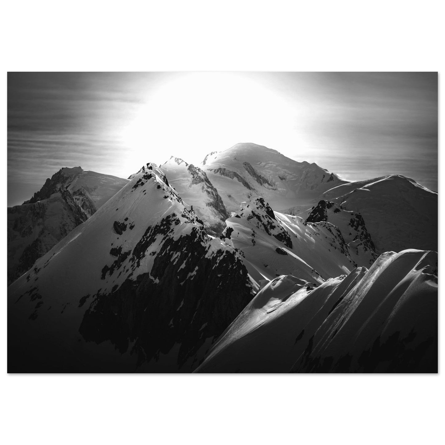 Tableau photo Photo d'un coucher de soleil sur l'Aiguille Crochue et le Mont - Blanc - Noir & Blanc — tirage aluminium Dibond mat, fabrication française, prêt à accrocher
