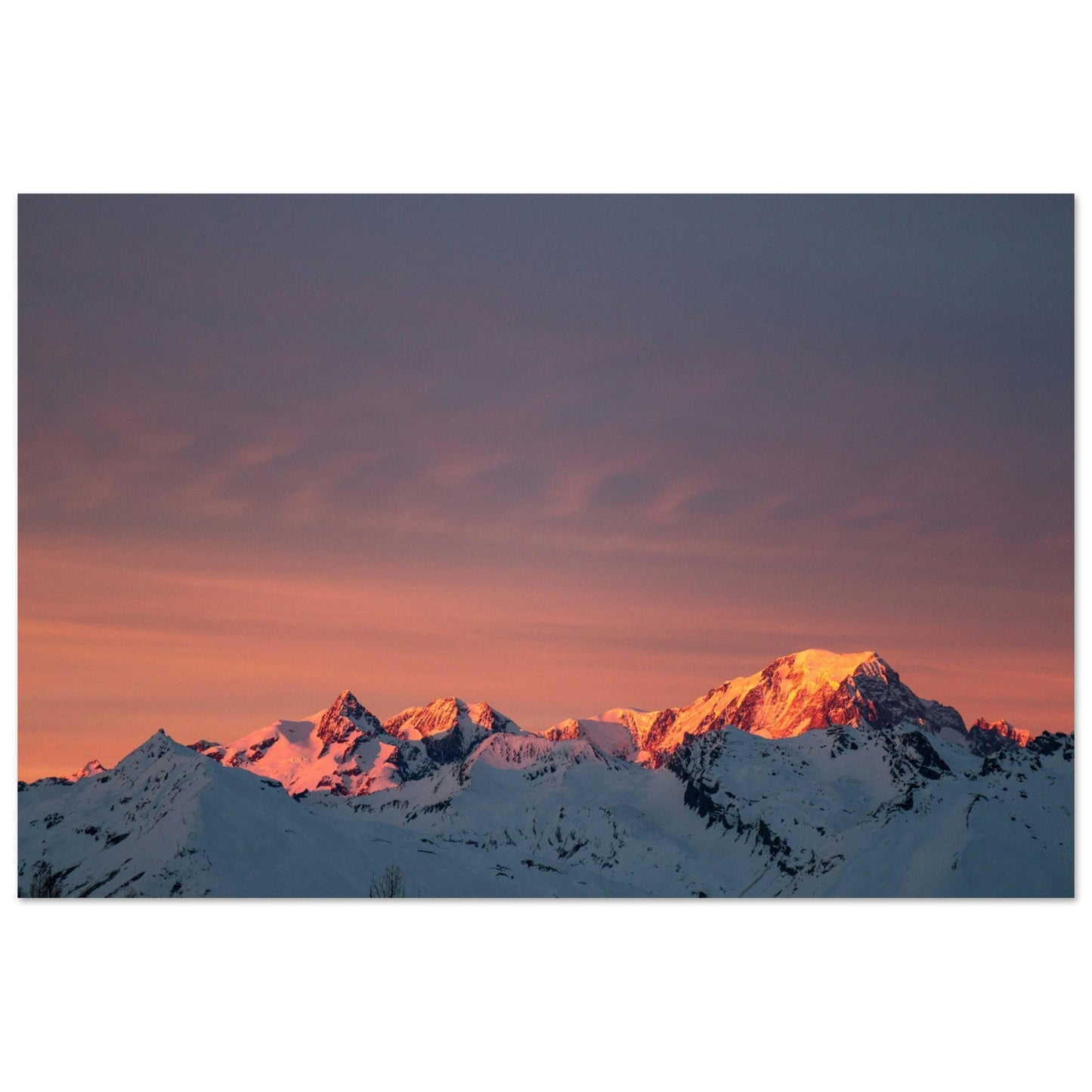Tableau photo Photo d'un coucher de soleil sur les Arcs, Bourg - Saint - Maurice, Vanoise — tirage aluminium Dibond mat, fabrication française, prêt à accrocher