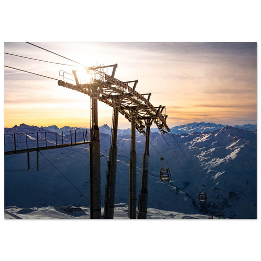 Tableau photo Photo d'un coucher de soleil sur le télésiège les Bruyères à Val Thorens — tirage aluminium Dibond mat, fabrication française, prêt à accrocher