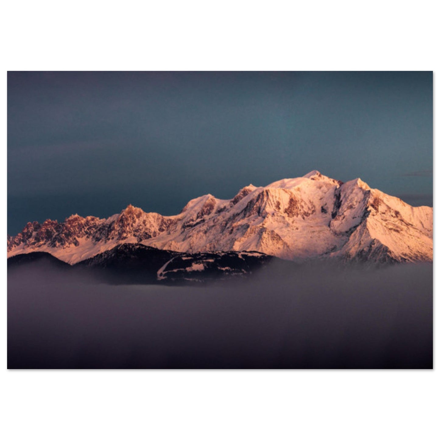 Tableau photo Photo des dernières lueurs sur le Mont - Blanc — tirage aluminium Dibond mat, fabrication française, prêt à accrocher