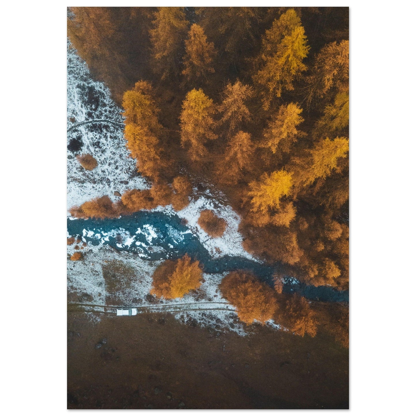 Tableau photo Photo drone de Mélèzes en automne, Massif des Ecrins 1 — tirage aluminium Dibond mat, fabrication française, prêt à accrocher