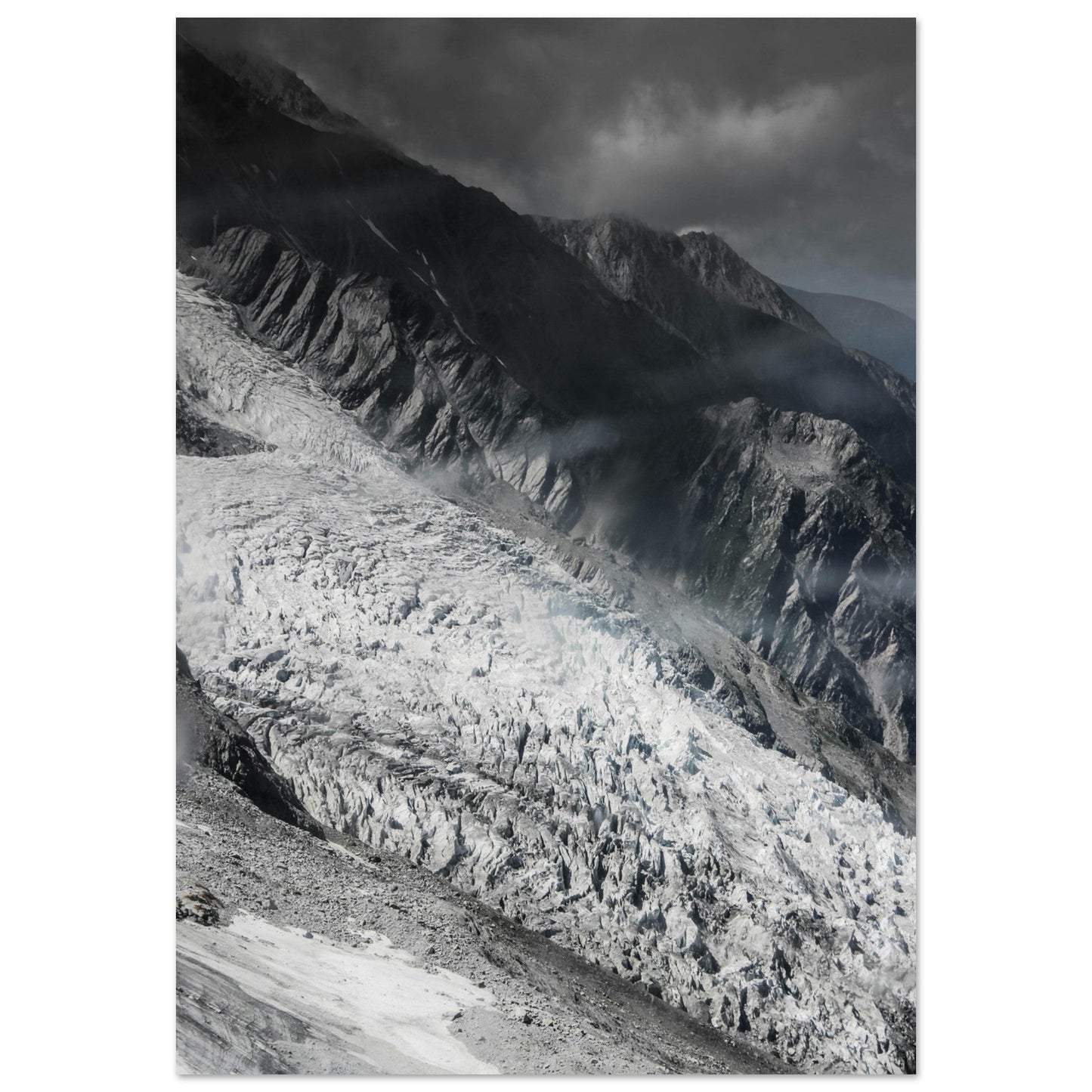 Tableau photo Photo du glacier de l'Aiguille du Midi, Chamonix - Mont - Blanc - Noir & Blanc — tirage aluminium Dibond mat, fabrication française, prêt à accrocher