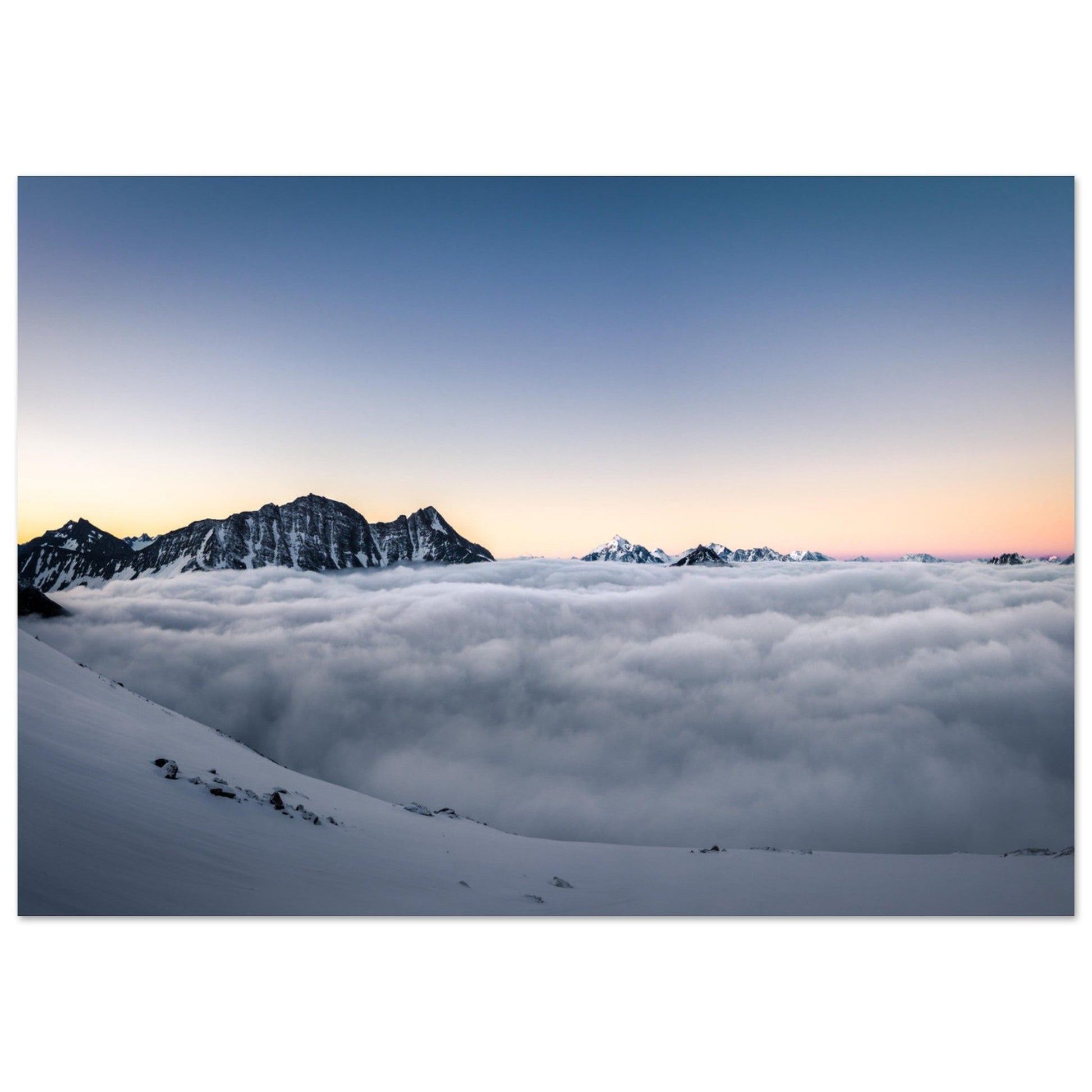 Tableau photo d'un lever de soleil sur une mer de nuages, Grande Casse et montagne de la Seigne sur aluminium Dibond mat, format 70 × 100 cm