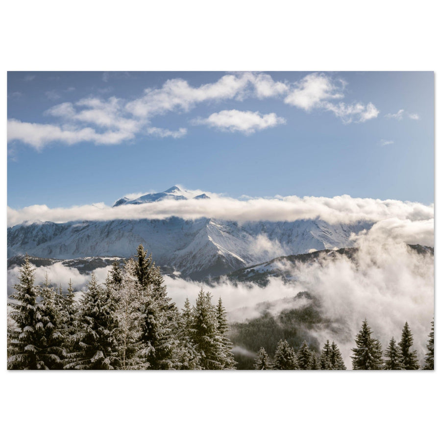 Tableau photo en Alu Dibond : Le Mont-Blanc et sapins enneigés