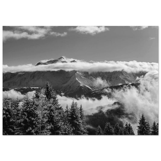 Tableau photo Photo du Mont - Blanc et sapins enneigés - Noir & Blanc — tirage aluminium Dibond mat, fabrication française, prêt à accrocher