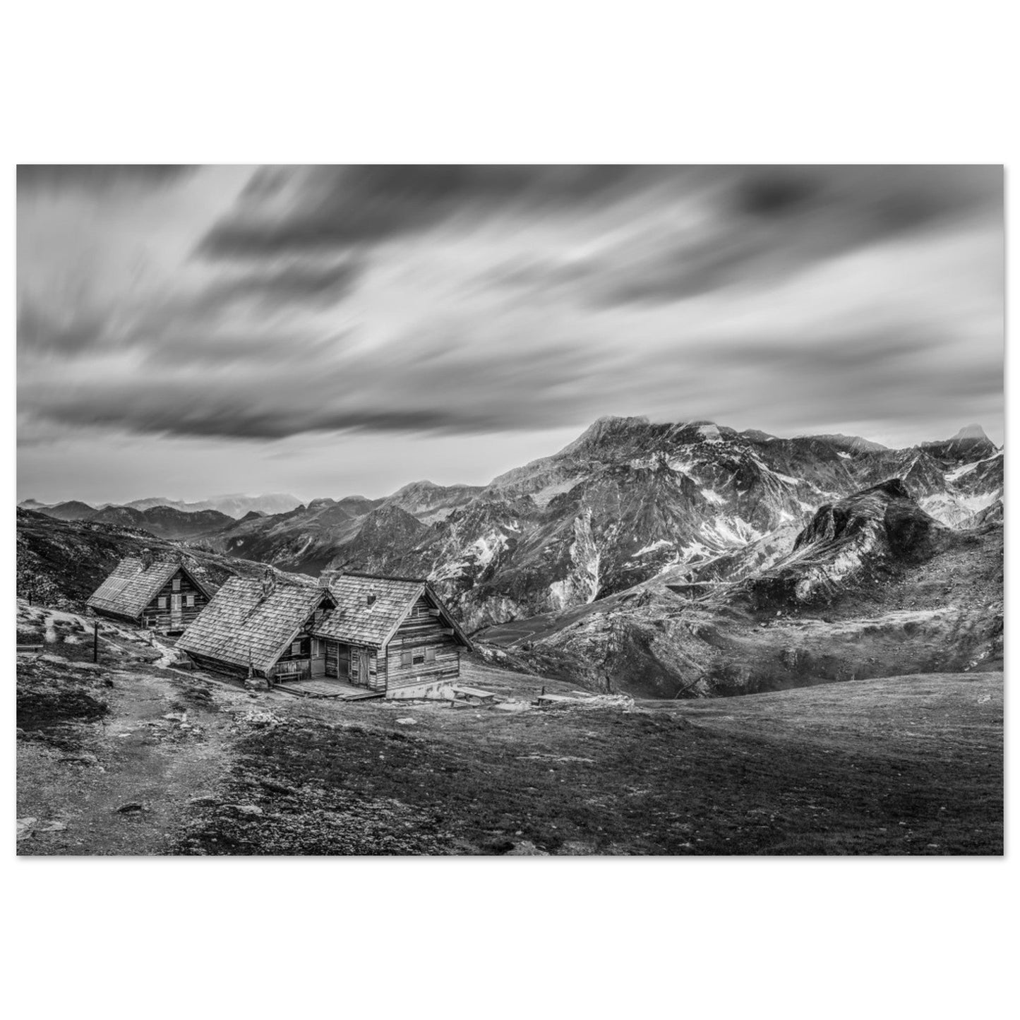Tableau photo Photo des refuges de la Valette, Vanoise - Noir & Blanc — tirage aluminium Dibond mat, fabrication française, prêt à accrocher