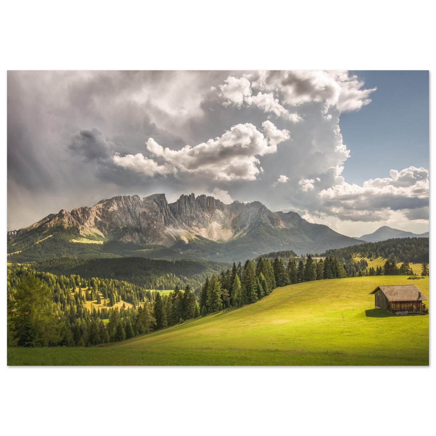 Tableau photo Photo d'un pré au pied du Carezza Gruppo del Catinaccio, Dolomites — tirage aluminium Dibond mat, fabrication française, prêt à accrocher