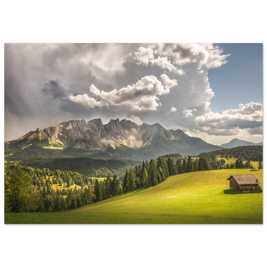 Tableau photo Photo d'un pré au pied du Carezza Gruppo del Catinaccio, Dolomites — tirage aluminium Dibond mat, fabrication française, prêt à accrocher