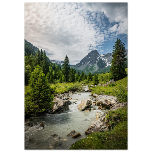 Tableau photo Photo d'un ruisseau dans la vallée des Contamines - Montjoie, Haute - Savoie — tirage aluminium Dibond mat, fabrication française, prêt à accrocher