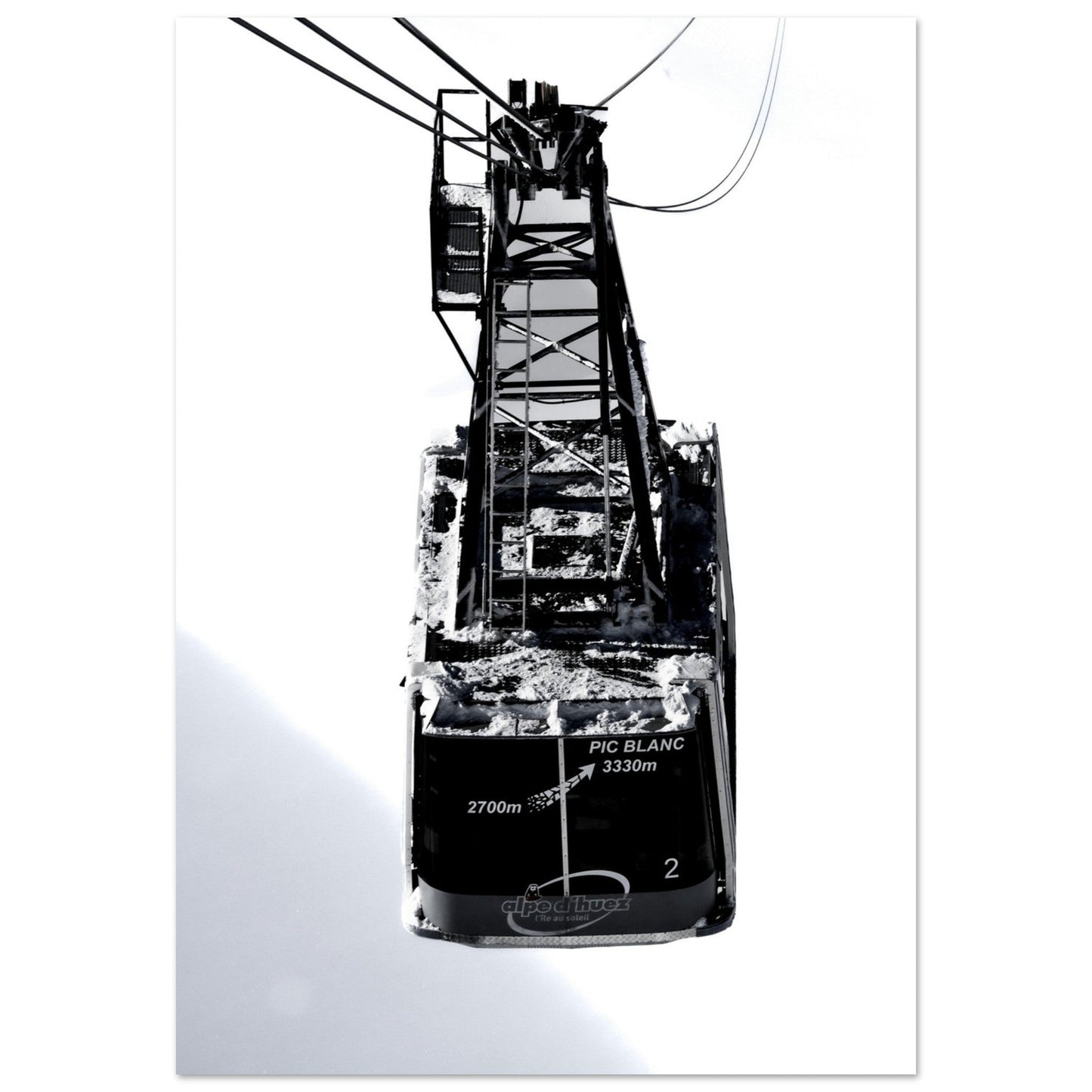 Tableau photo Photo de la télécabine du Pic Blanc, Alpe d'Huez - Noir & Blanc — tirage aluminium Dibond mat, fabrication française, prêt à accrocher